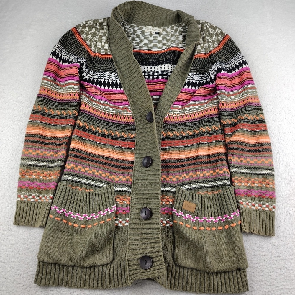 Billabong Olive Green Multicolor Striped Knit Cardigan
